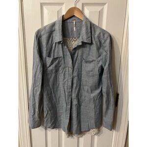 Free People Chambray Button Down Bohemian Lace Back Panel Long Sleeve Shirt M